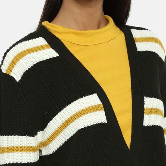 Forever21 Black & Off-White Yellow Striped Open Front Button Cardigan Sweater - Picture 3 of 13